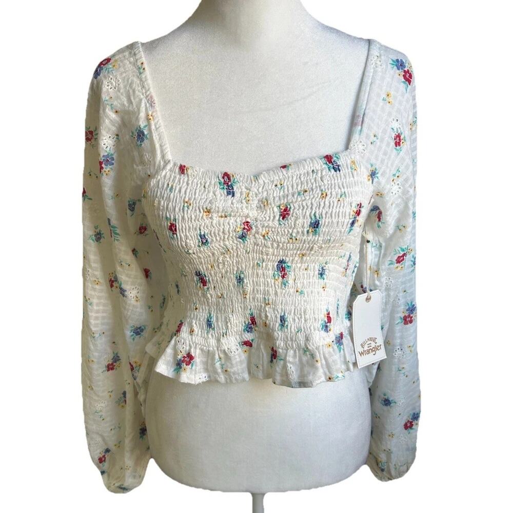 Billabong Wrangler Prairie Crop Top Womens M Floral Milkmaid Balloon Sleeve NWT